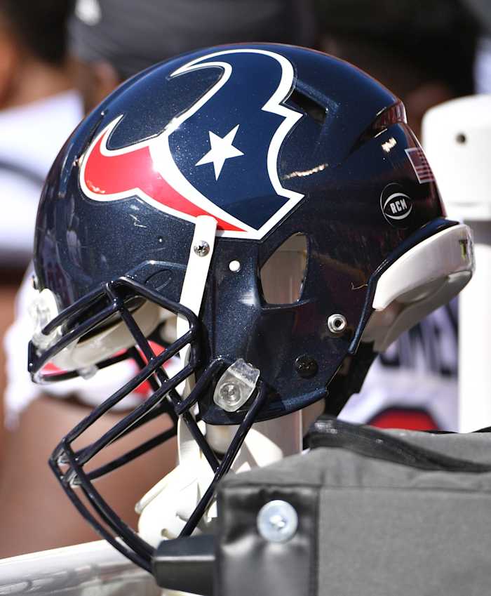 Oct 13, 2019; Kansas City, MO, USA; A general view of a Houston Texans helmet during a game against the Kansas City Chiefs at Arrowhead Stadium.